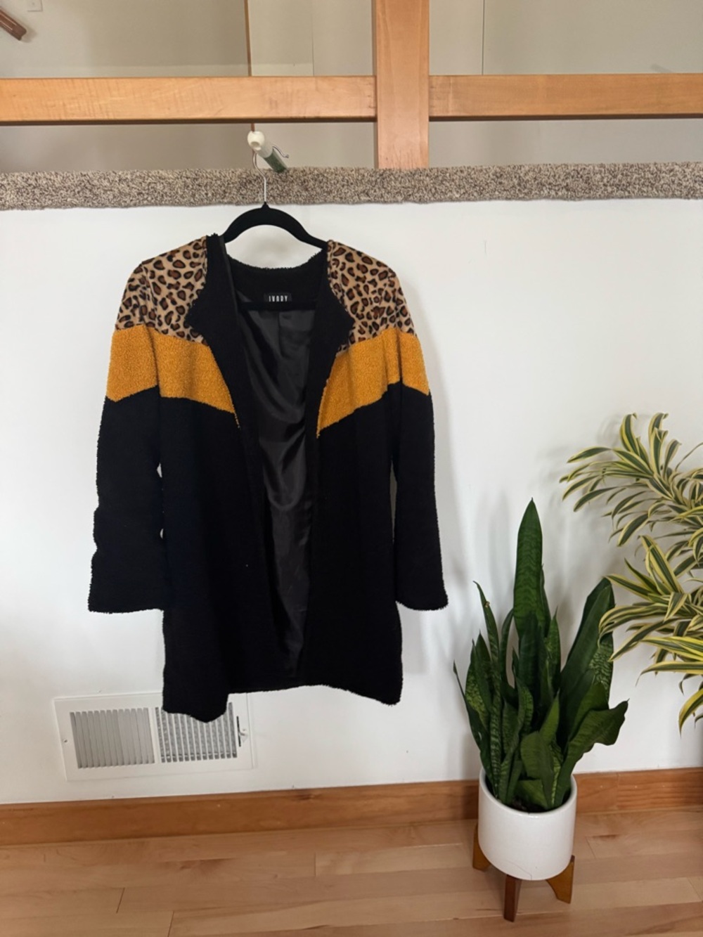 Black Open-Front Cardigan with Mustard Colorblock and Leopard Trim